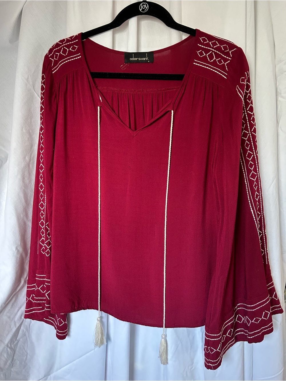 Ooberswank Red Embroidered Tassel Boho Blouse, Flowy Sleeves. Medium
